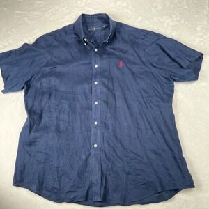 Ralph Lauren Mens XL Navy Blue 100% Linen Short Sleeve Button Down Red Pony